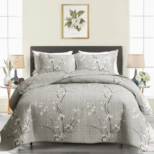 Three Piece Reversible Quilt Set 100 Percent Cotton Floral Branch Pattern