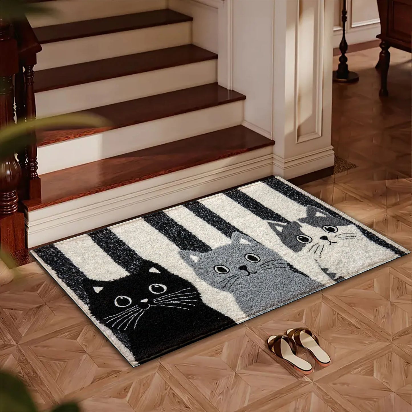 Striped Cartoon Cat Doormat Waterproof Floor Mat for Bedroom and Living Room