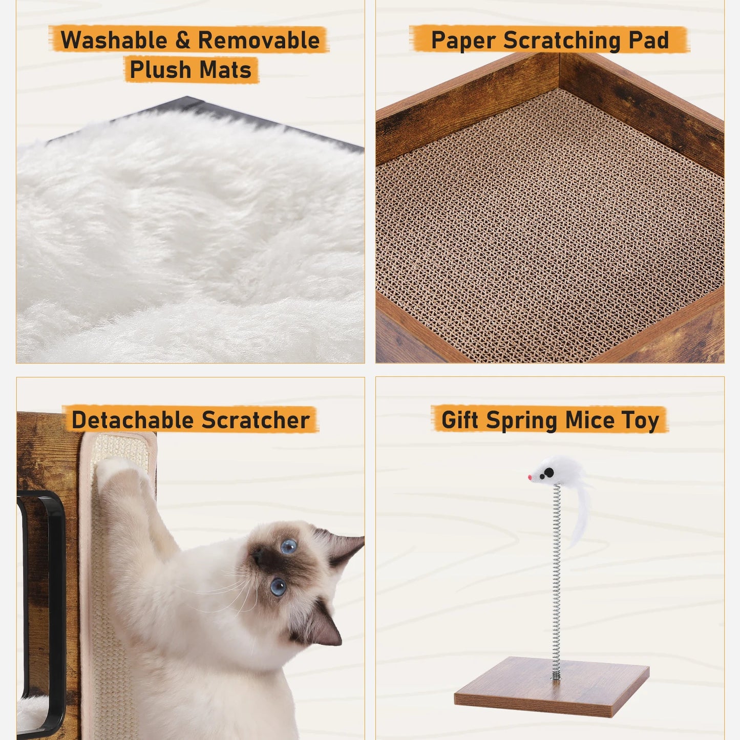 PAWZ Road Wood Cat Condo House Cat Tree With Removable Mats And Scratching Pad