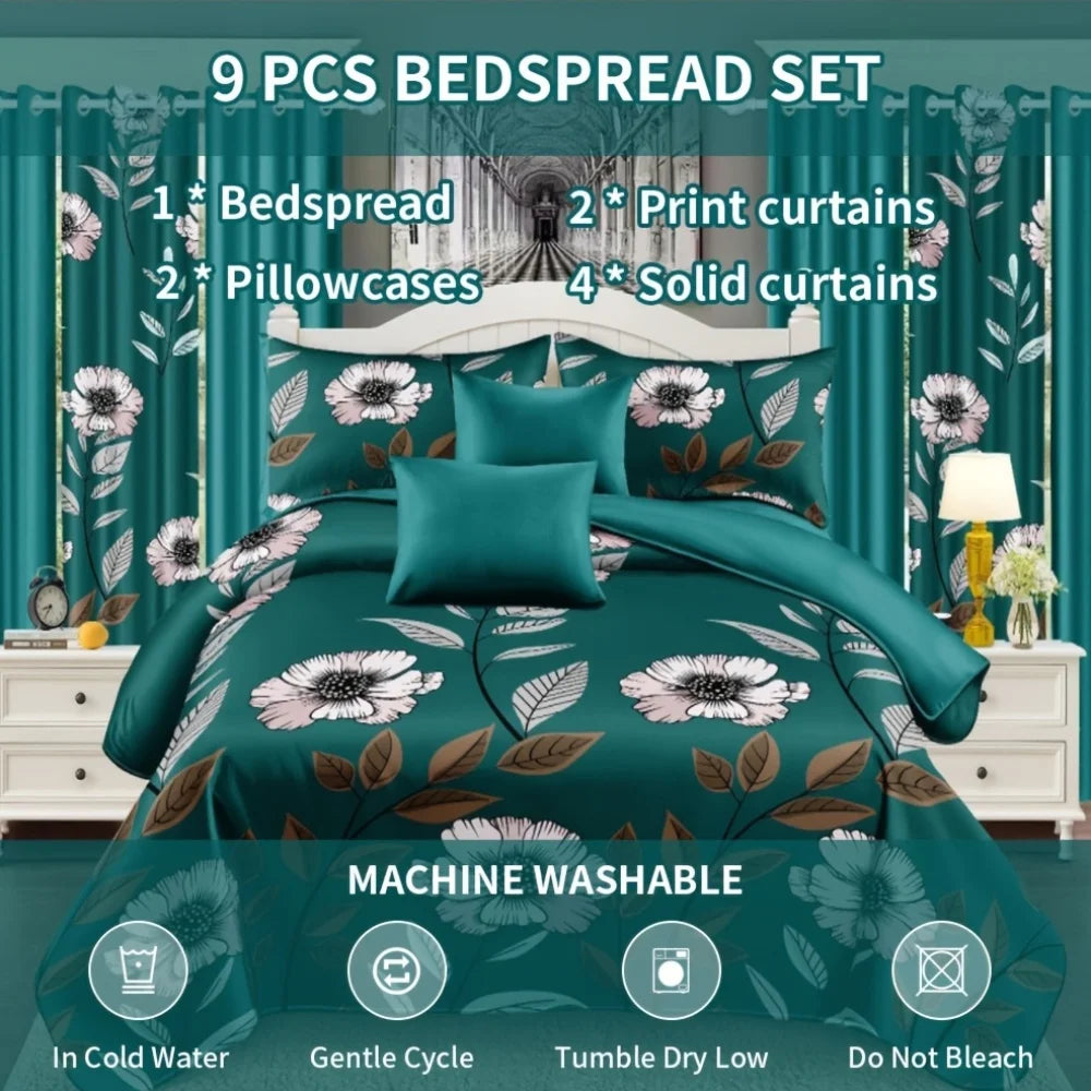 9 Piece Bedding Set With Bedspread Pillowcases and Curtains Polyester