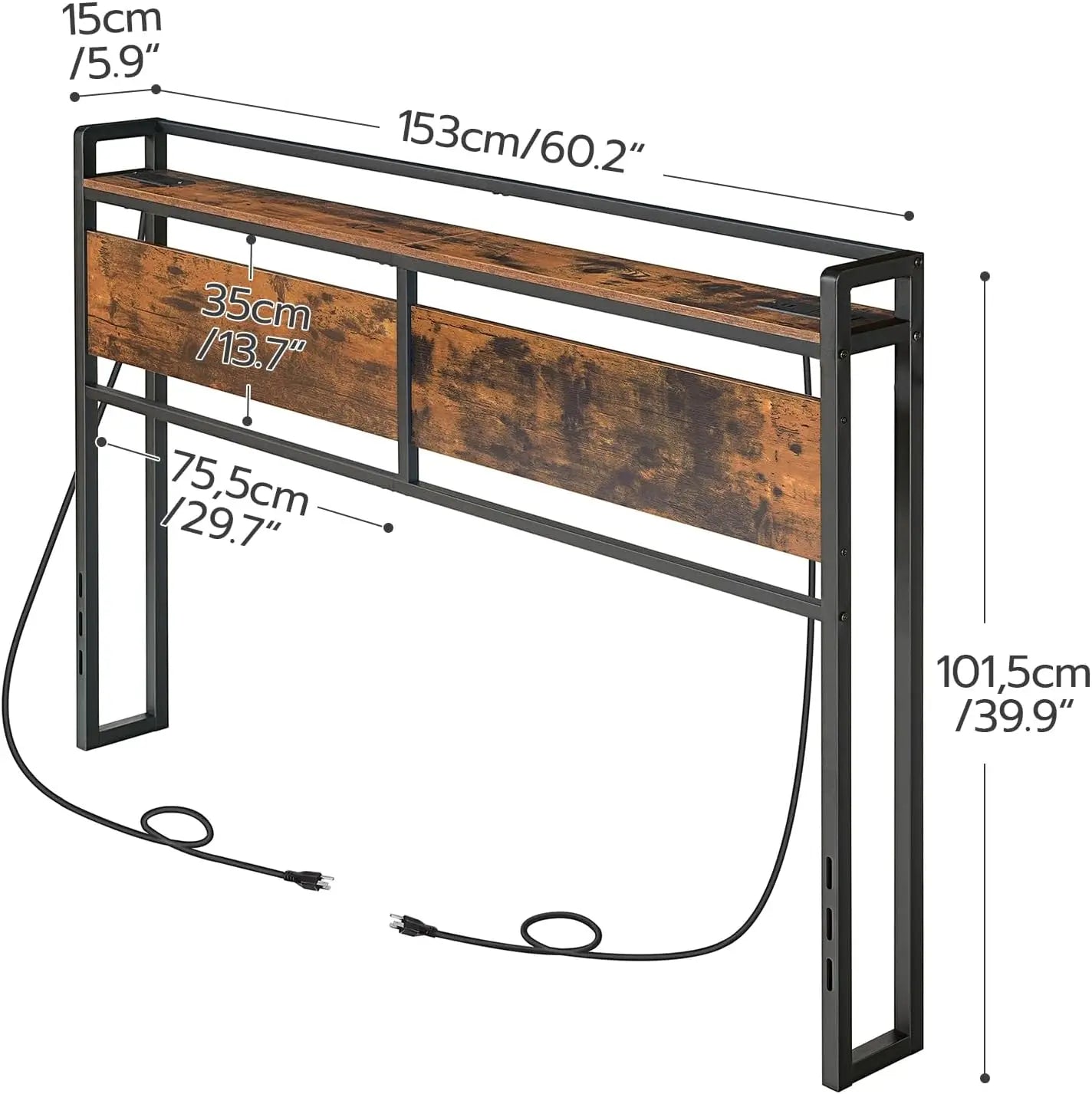 Headboard With Outlets And USB Ports Adjustable Height Storage Shelf