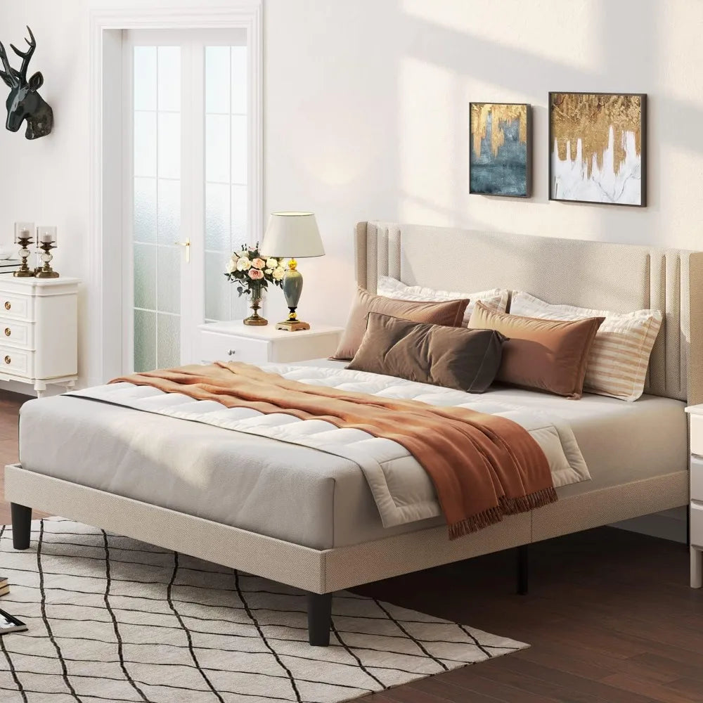 NONECN Wingback Upholstered Bed Frame With Slats And Easy Assembly
