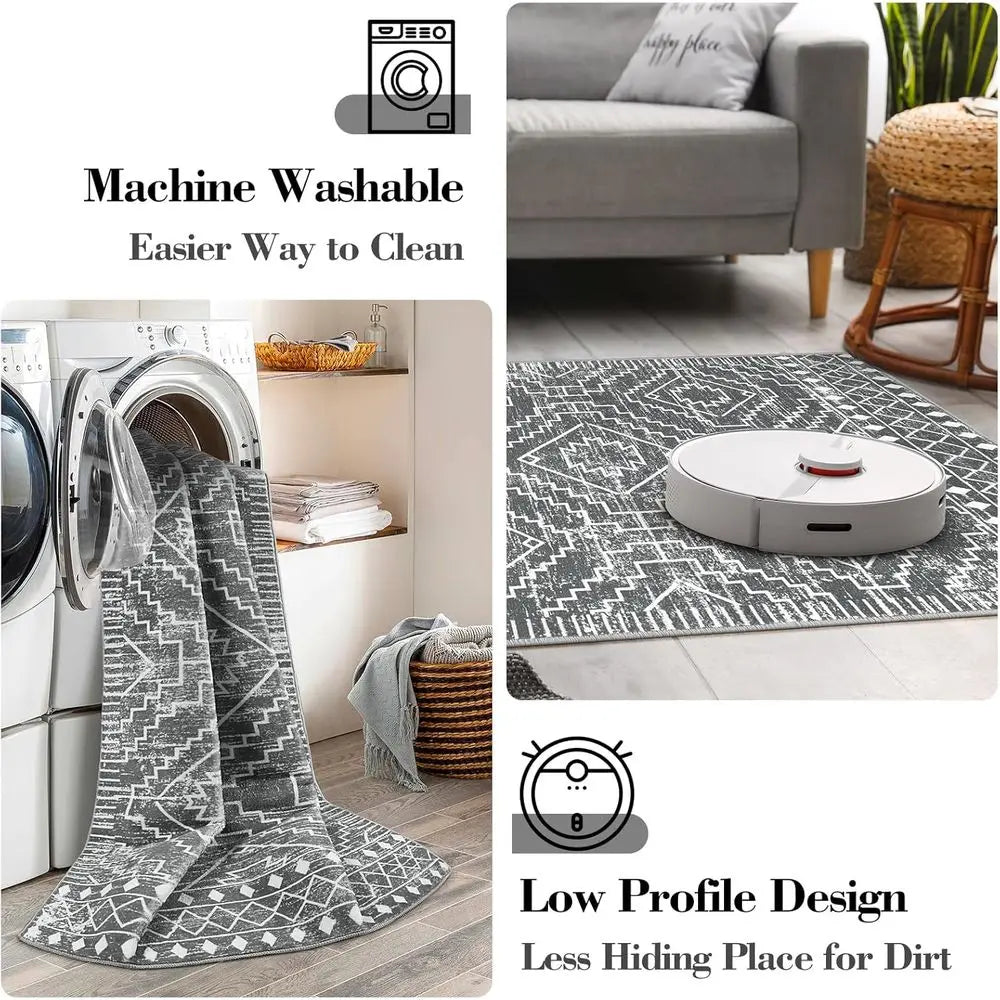 Moroccan Geometric Washable Cotton Rug Non Slip Living Room Mat