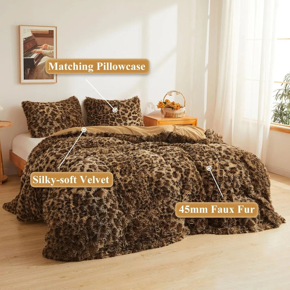 Cheetah Print Fluffy Faux Fur Duvet Cover Set 3 Pieces