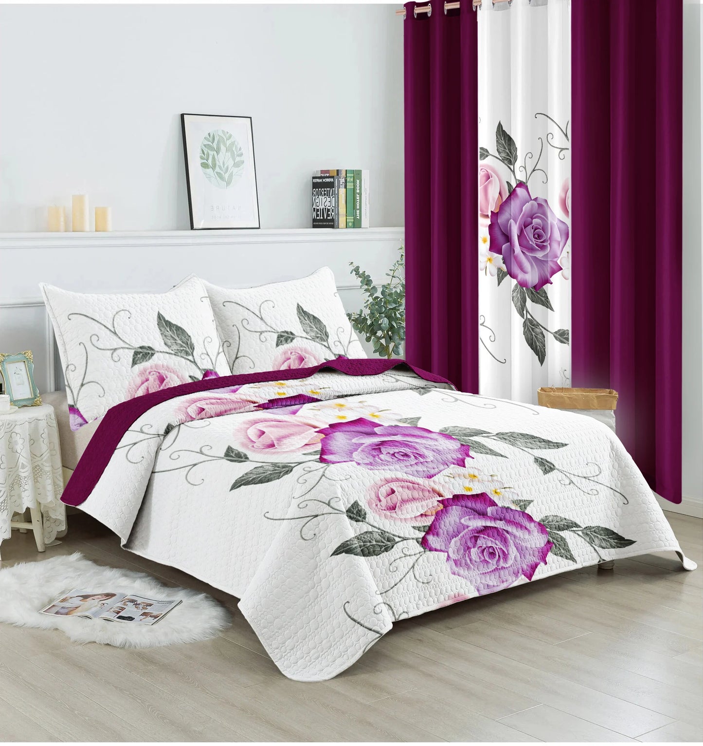 Nine Piece Polyester Bedding Set With Curtains And Pillowcases
