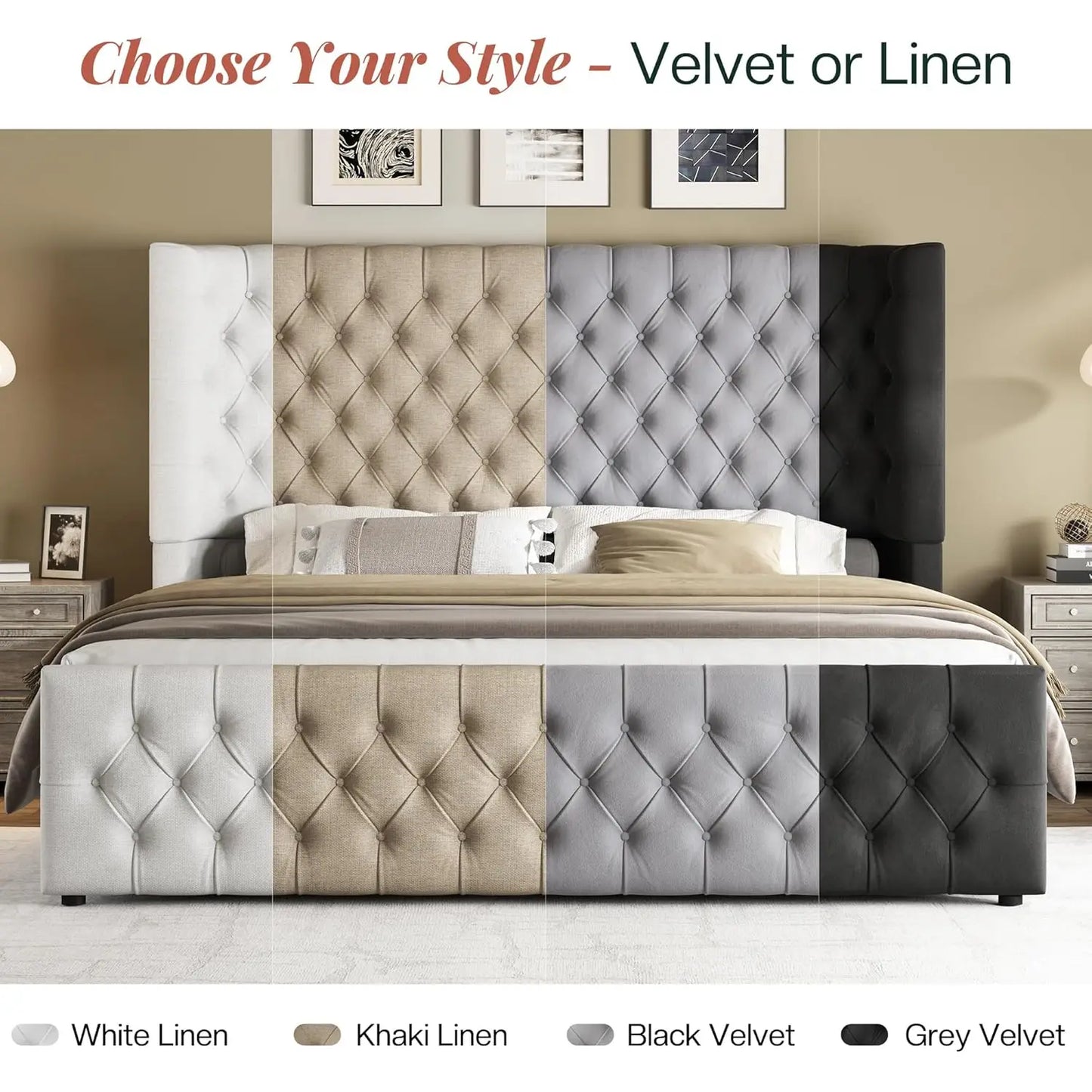 Platform Bed Frame With Upholstered Wingback Headboard Footboard Tufted