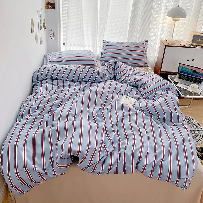 Simple Striped Duvet Cover Four Piece Washed Cotton Sheet Set