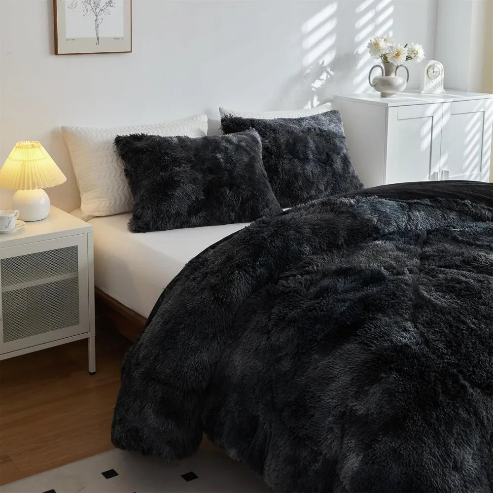 Faux Fur Plush Comforter Set Fluffy Shaggy Bedding 3 Piece