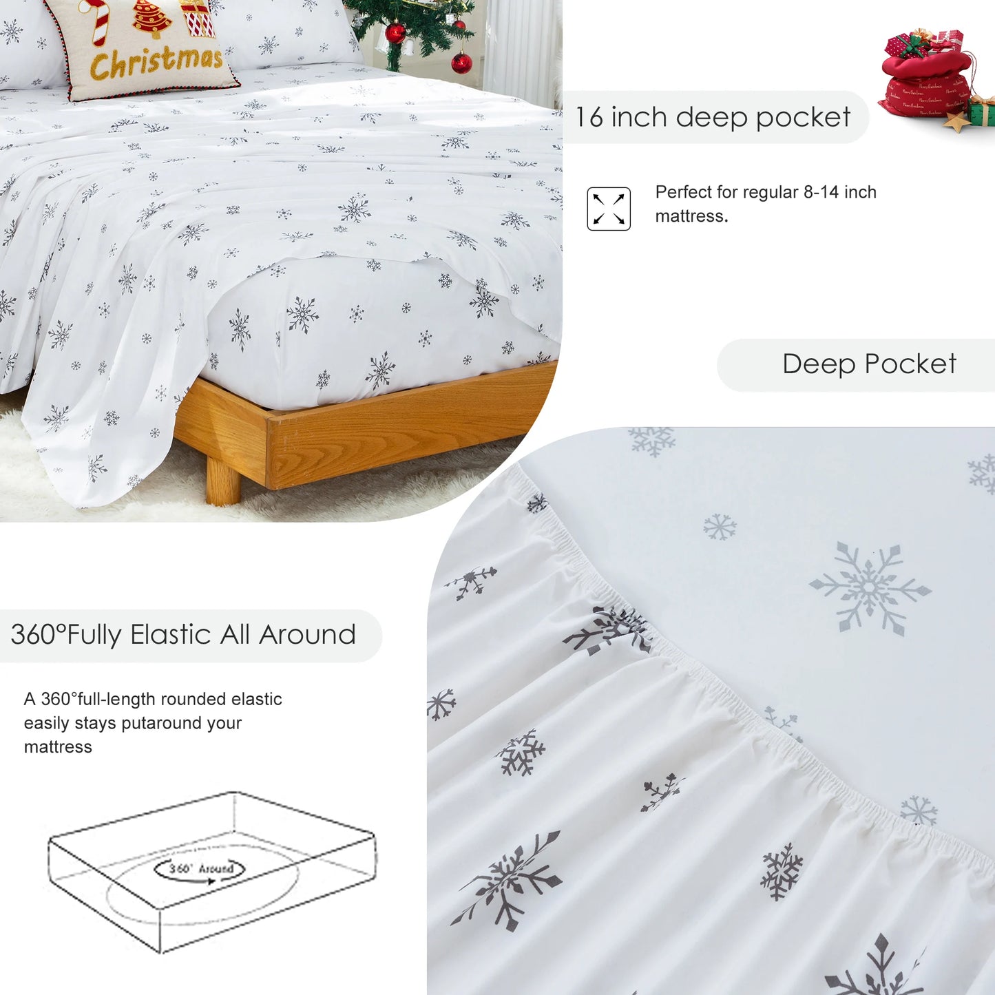 All Season Snowflakes Twin Queen Size Bedding Sets - Cute Snow Bed Sheet Sets Pillowcase 15 inch Pocket for Kids Boy Girl