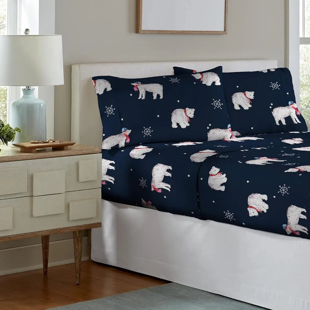 180 GSM 100% Cotton Flannel Queen Sheet Set - Snow Bear - Warm & Cozy Pre-Shrunk Deep Pockets