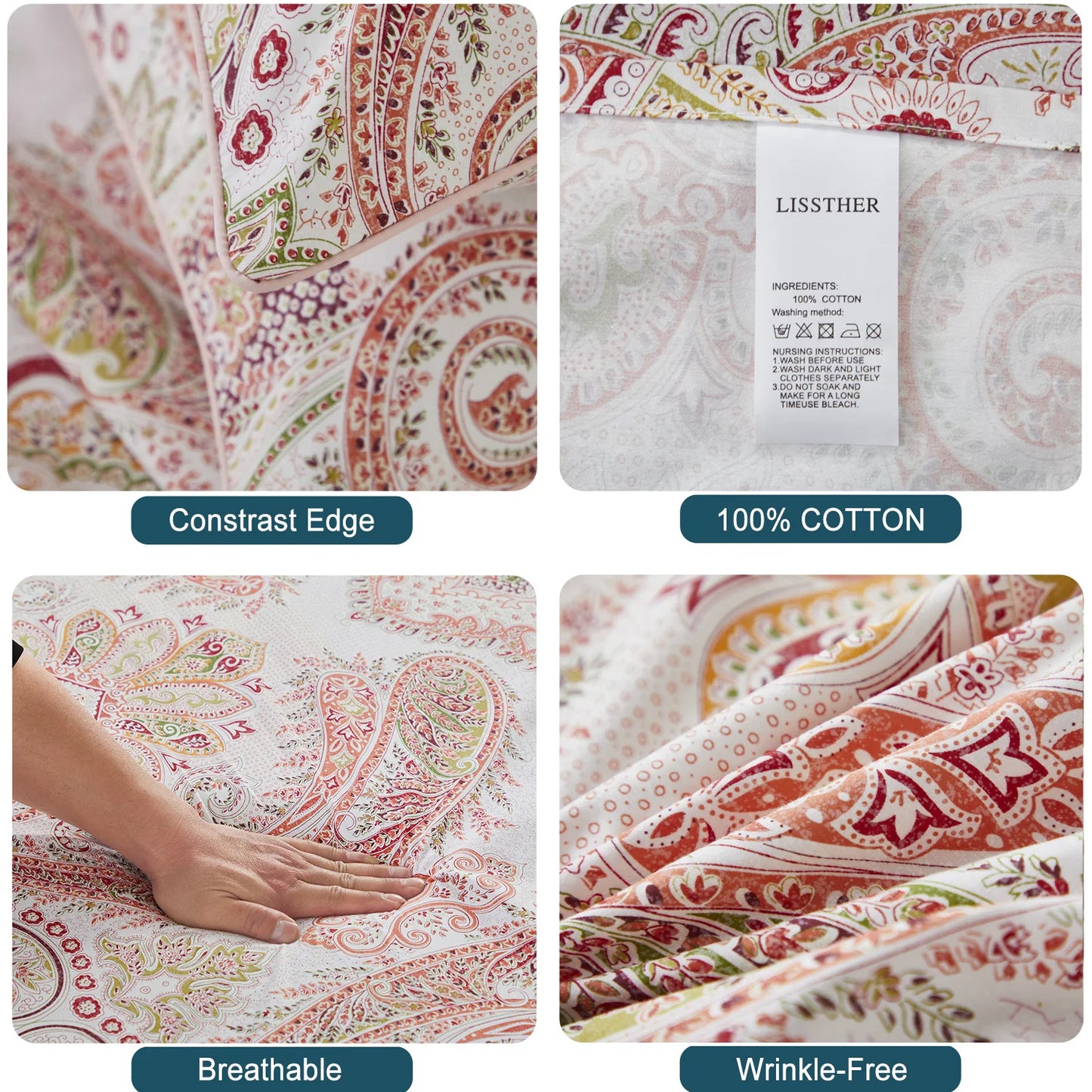 LISSTHERCN 3 Piece Duvet Cover Set Boho Paisley Print