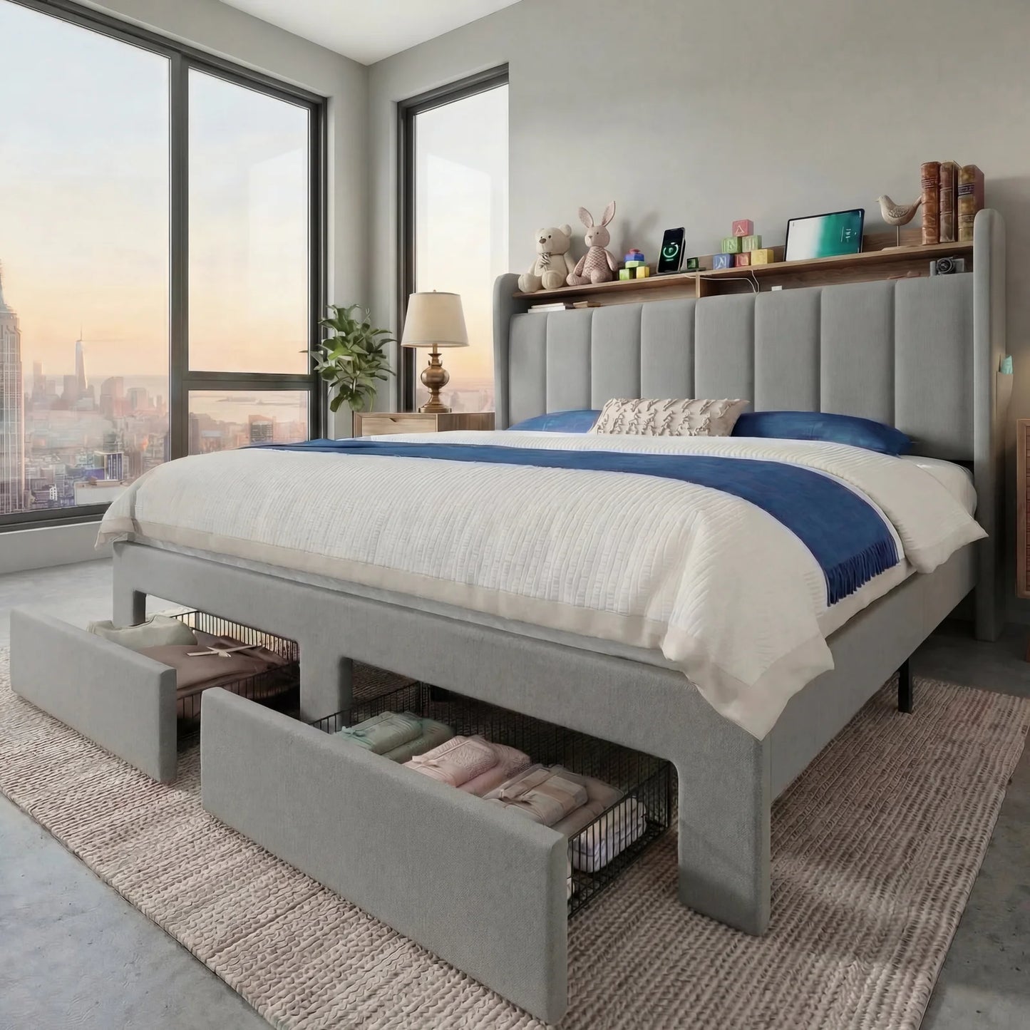 HOOMIC Bed Frame With Storage Drawers and LED Charging Station