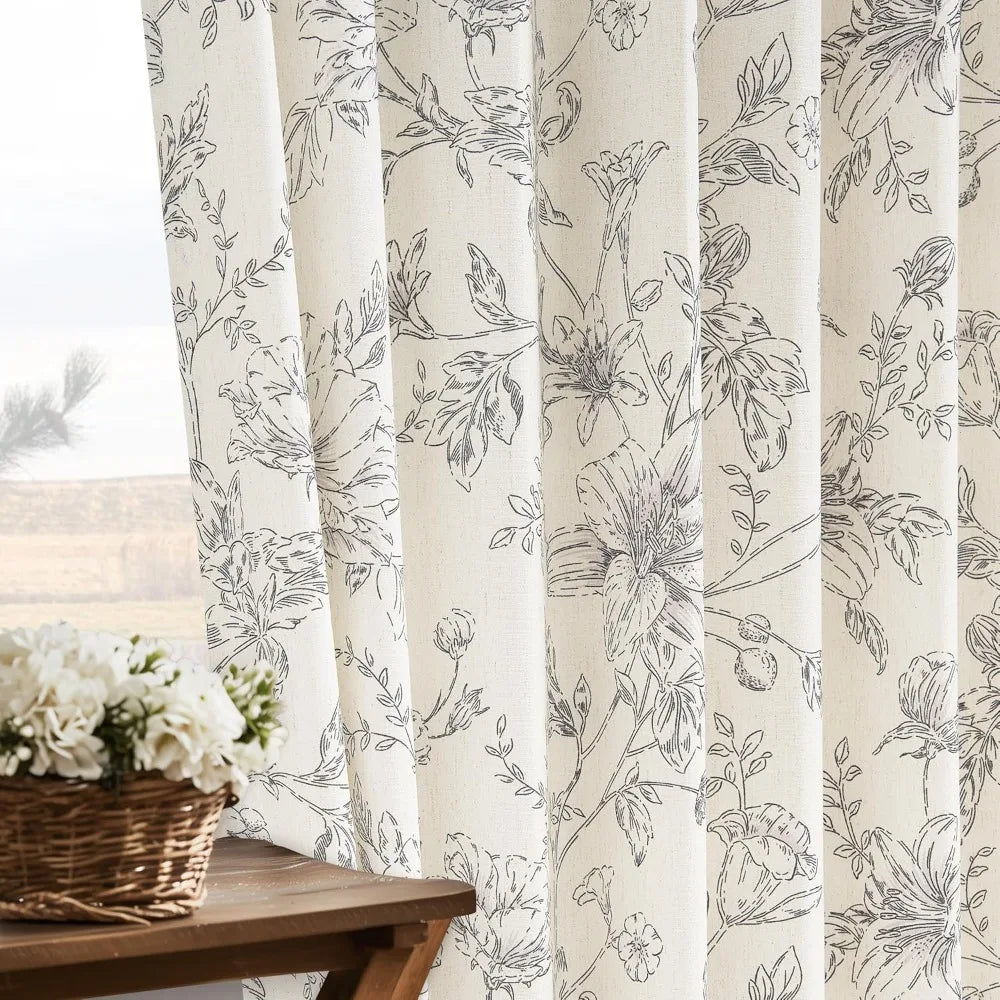 Floral Pinch Pleated Linen Curtains for Living Room