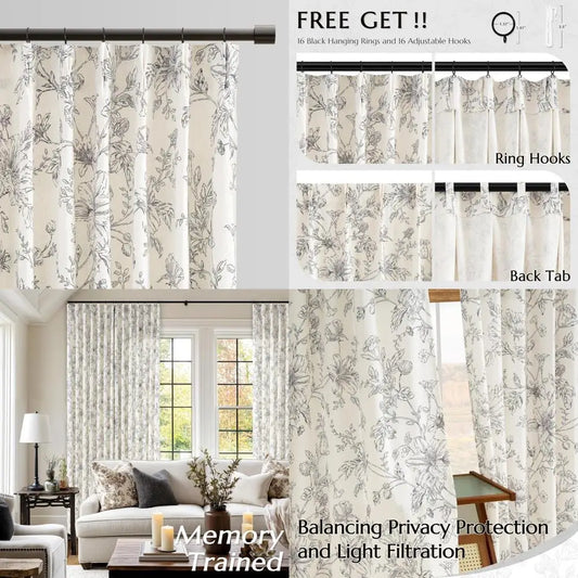 Floral Pinch Pleated Linen Curtains for Living Room