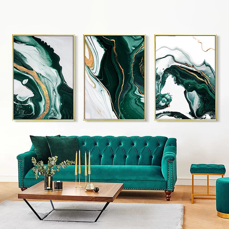Modern Marble Abstract Green Lines Gold Foil Light Luxury Nordic Wall Art Canvas Painting Posters Picture Living Room Home Decor