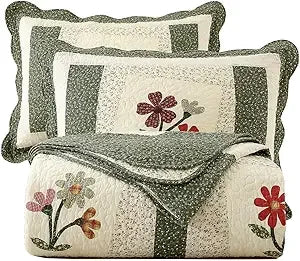 Embroidered Floral Quilted Bedspread Quilt Set 100 Percent Cotton