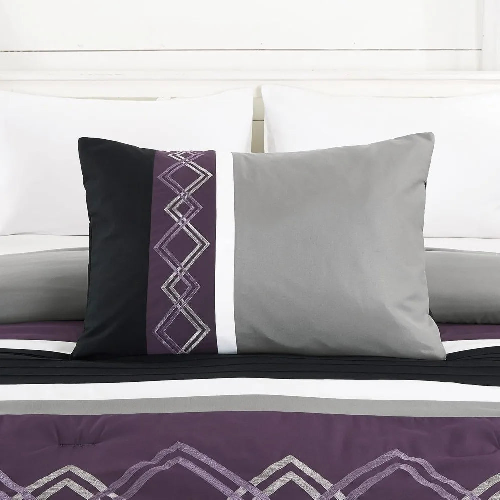 7 Piece Modern Pleated Stripe Embroidered Zigzag Bedding Comforter Set
