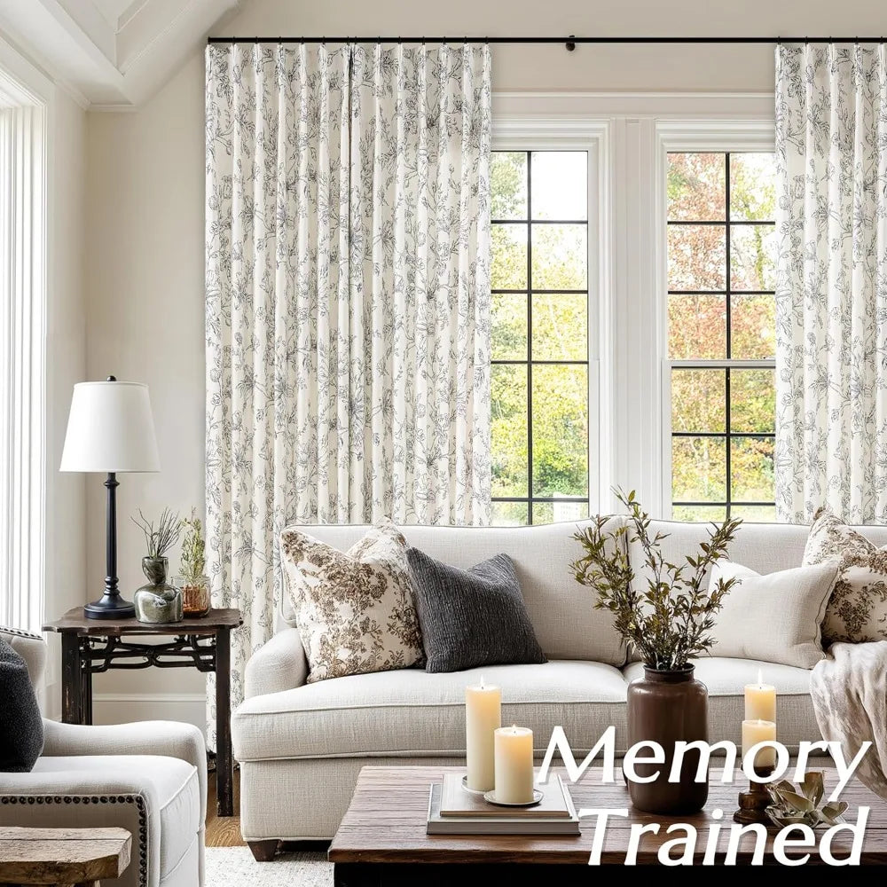 Floral Pinch Pleated Linen Curtains for Living Room