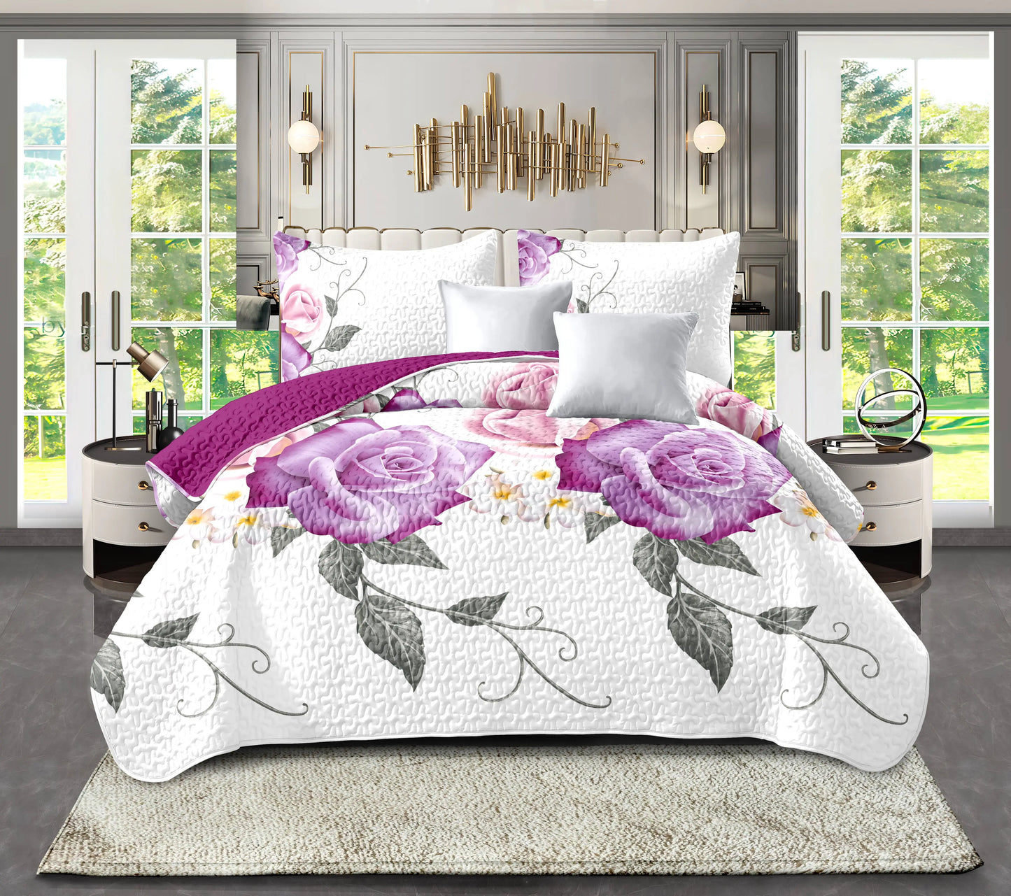 Nine Piece Polyester Bedding Set With Curtains And Pillowcases